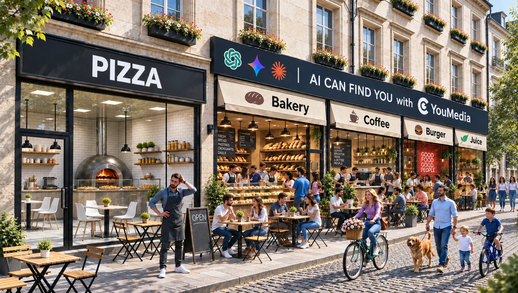 A quiet pizza restaurant beside busy cafés, illustrating businesses being discovered through AI with CYouMedia